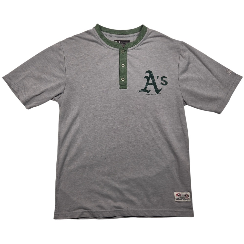 True Fan Henley Shirt Mens M Gray Oakland Athletics MLB Baseball Short Sleeve